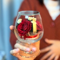 กุหลาบสดในโหลแก้ว แก้วไวน์ 3 ดอก งานแฮนด์เมด