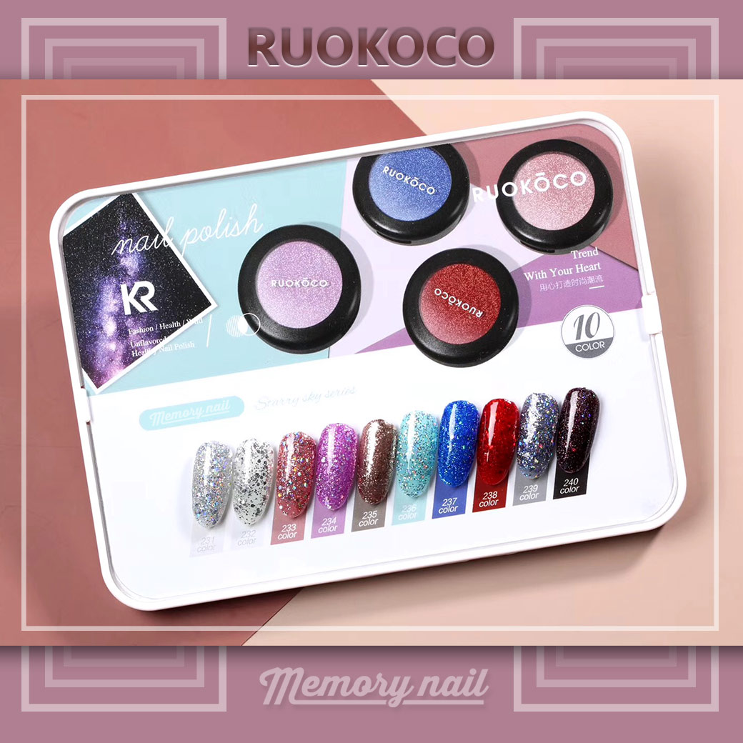 สีทาเล็บเจล RUOKOCO เซ็ต 10 สีเนื้อกากเพชรใหญ่ Starry Sky Series พร้อมกรอบและทาสีให้
