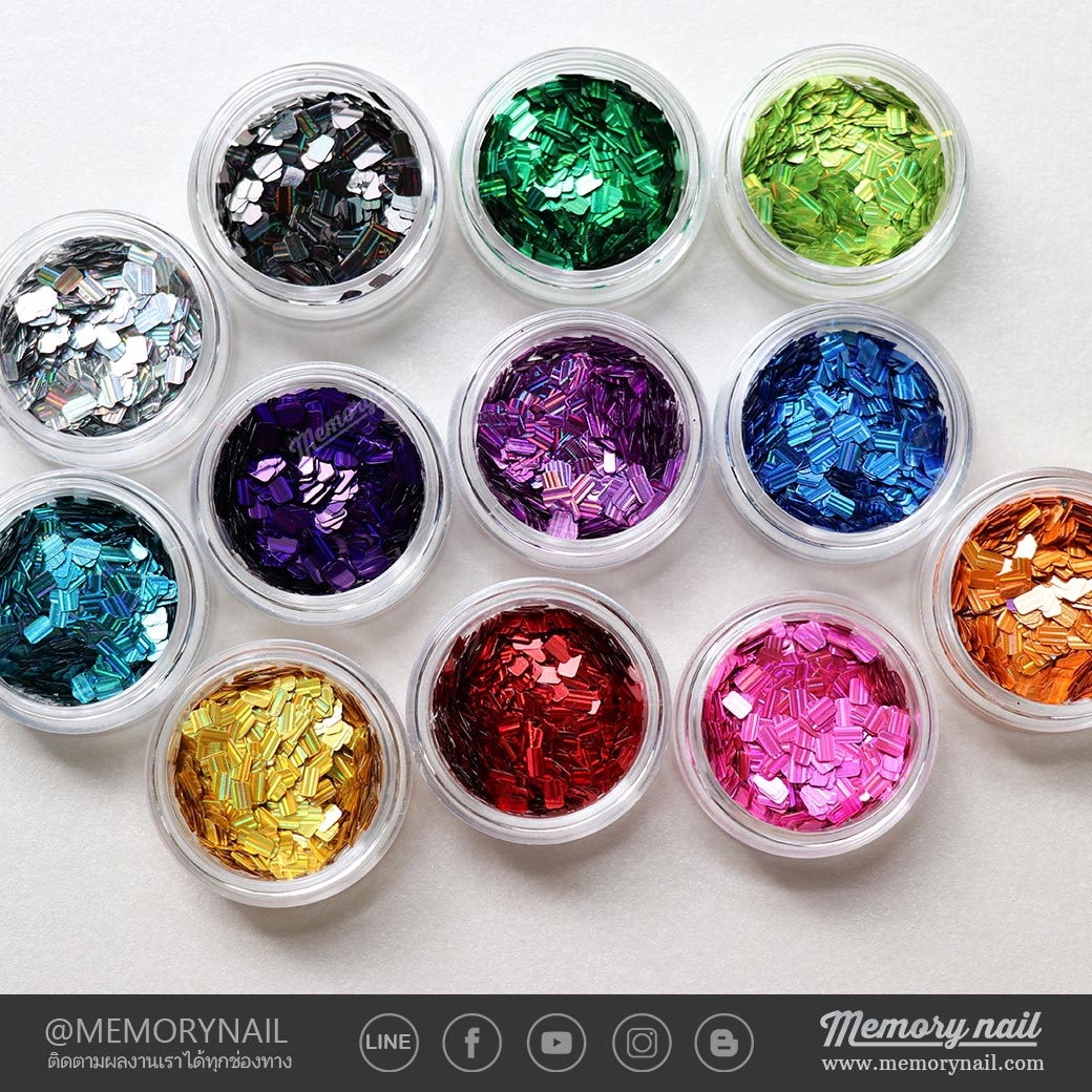 กากเพชรติดเล็บ รูปทรงสี่เหลี่ยมผืนผ้า ขอบมล เรเซอร์ 12 สี ขนาด3 มิล