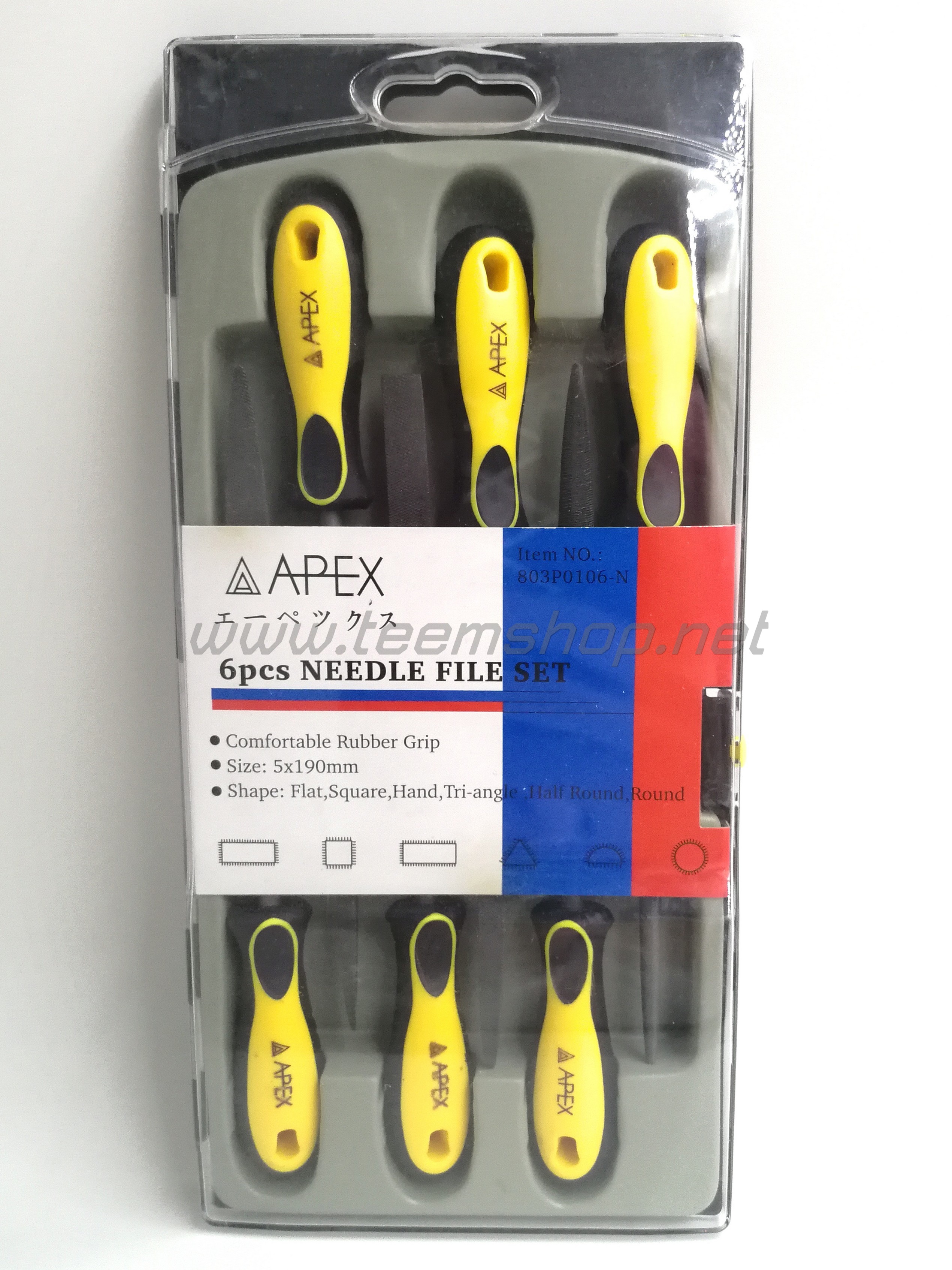 APEX ตะไบพร้อมด้าม 2 สี 6 ตัวชุด 5x190mm. กล่องPVC