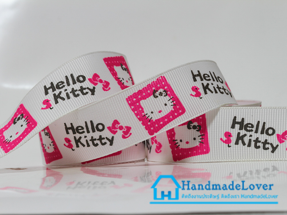 ริบบิ้นผ้า กรอสเกรน พิมพิ์ลาย การ์ตูน Hello Kitty ขนาด 22 มิล