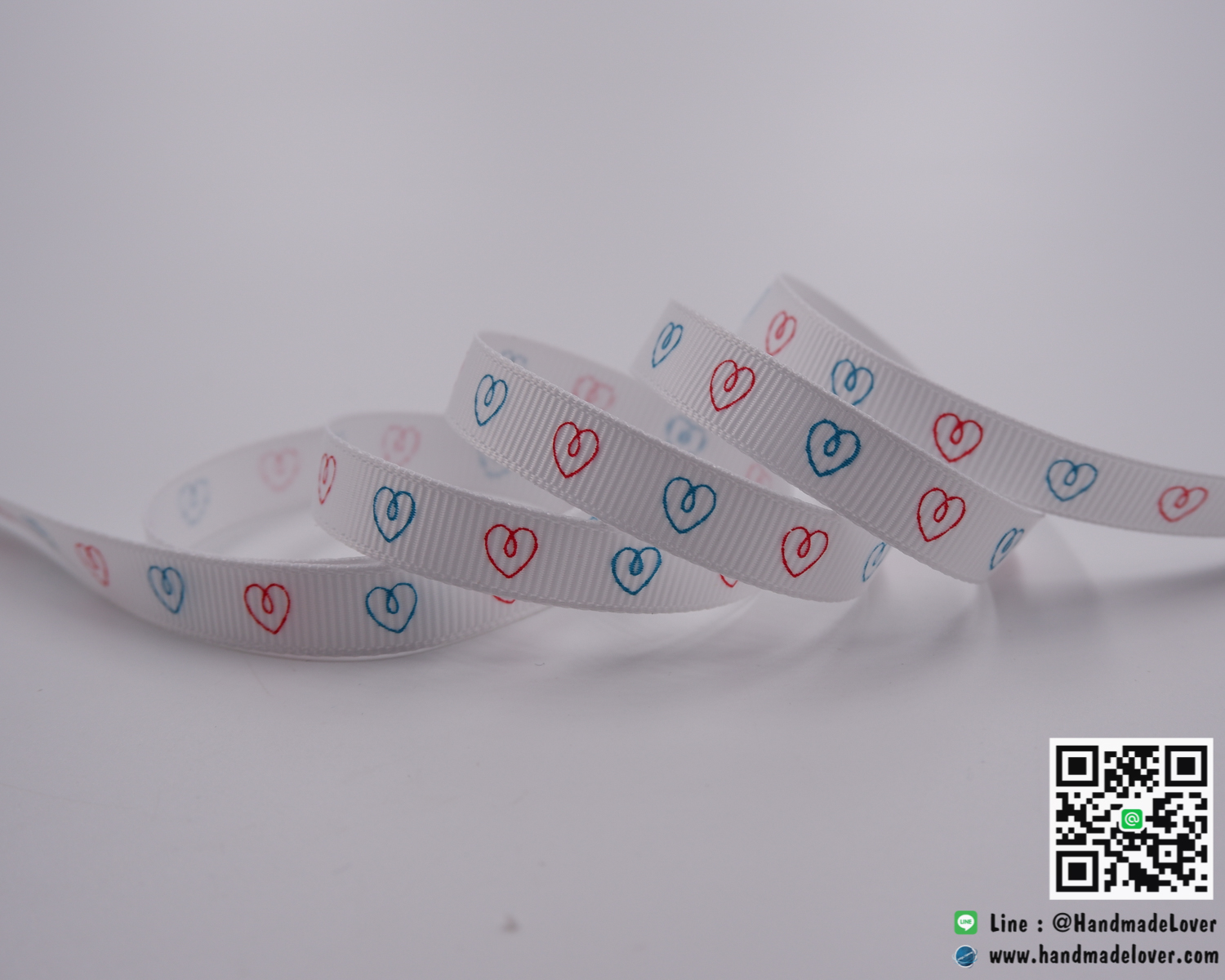 ริบบิ้นผ้า กรอสเกรน สีขาว ลายหัวใจ