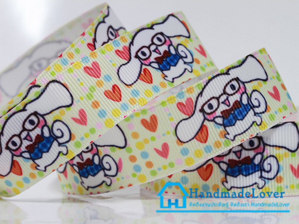 ริบบิ้นผ้า พิมพิ์ลายการ์ตูนสุนัข หูใหญ่ ขนาด 22 มิล