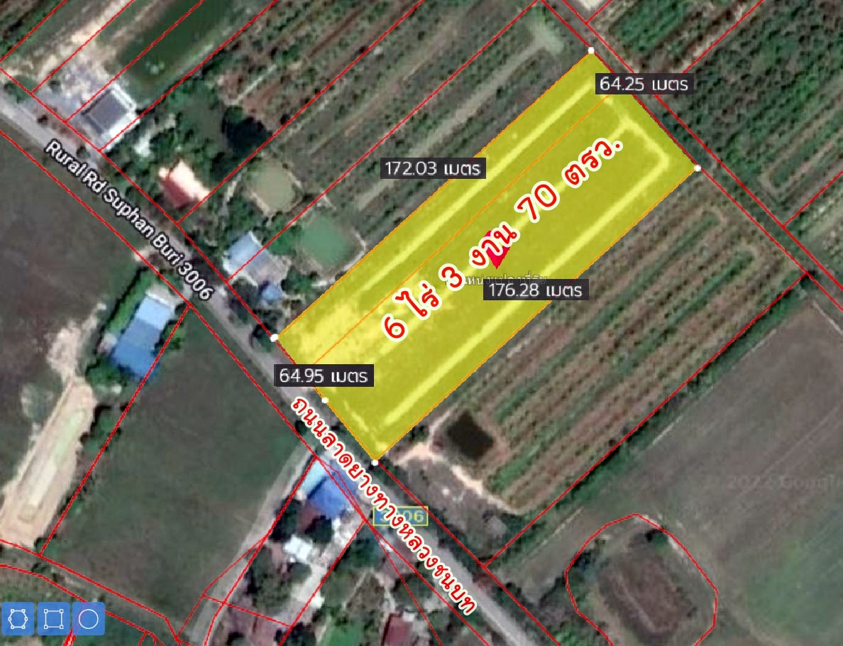 💰ติดทรัพย์💰ขายสวนมะม่วงน้ำดอกไม้สีทอง 6 ไร่ 3 งาน 70 ตารางวา ขายยกแปลง 4.8 ล้าน อ.เมือง จ.สุพรรณบุรี หน้ากว้างติดถนน 64 เมตร ลึก 172 เมตร ที่ดินติดถนนลาดยางทางหลวงชนบท 3006