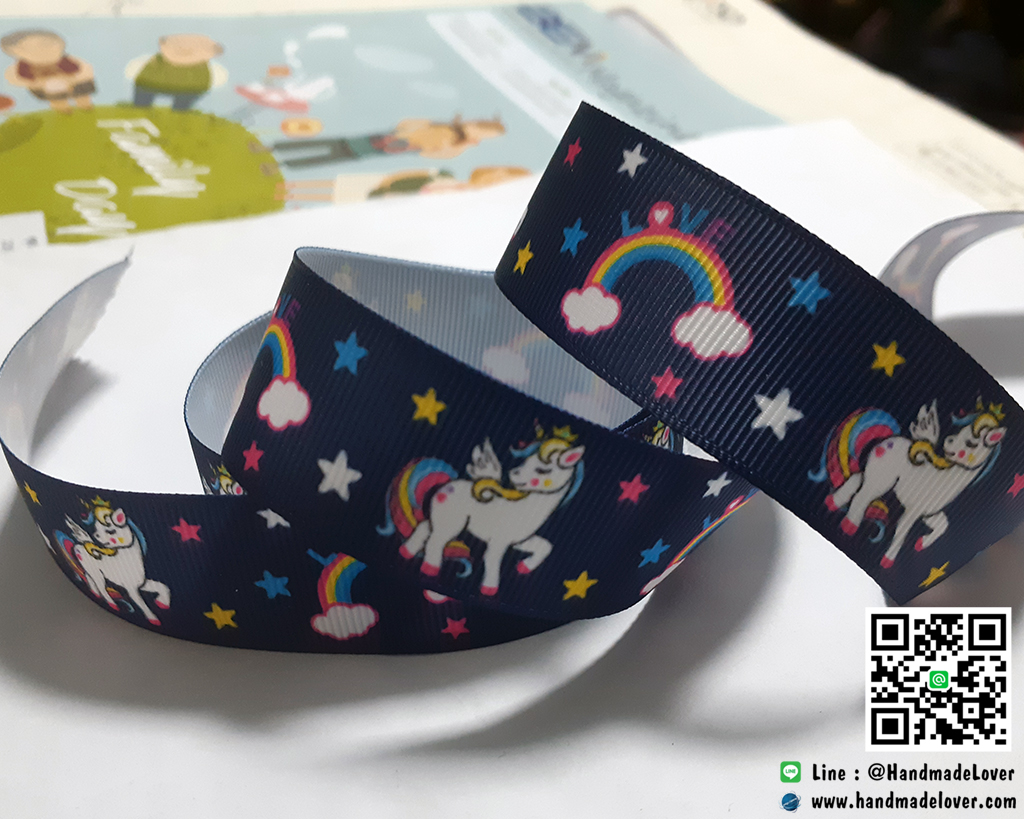 ริบบิ้นผ้ากรอสเกรน สีกรมท่า พิมพิ์ลายการ์ตูน (มายลิตเติ้ลโพนี่) ขนาด 25 มิล ม้วนยาว 10 หลา