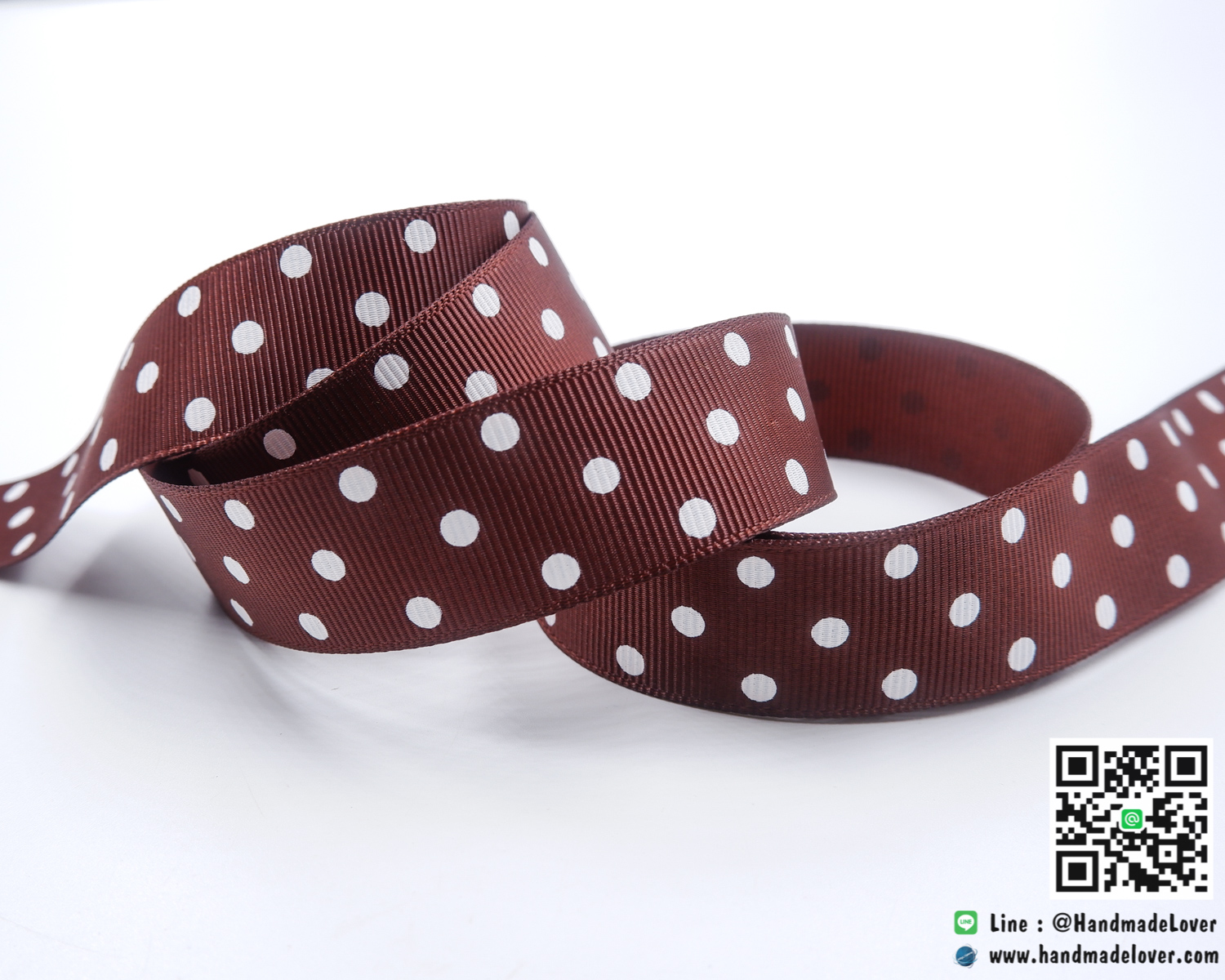 ริบบิ้นผ้า กรอสเกรน สีน้ำตาล ลายจุด ขนาด 22 มิล