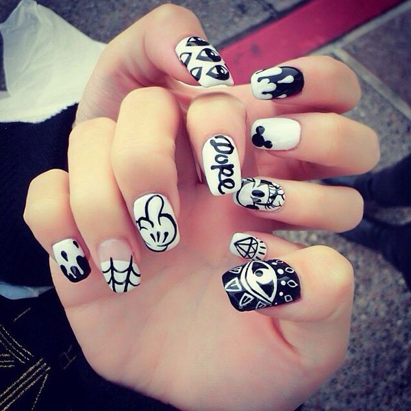 ลายเล็บ ขาว ดำ,ลายเล็บ,ลายเพ้นท์เล็บ มิกกี้เม้าส์