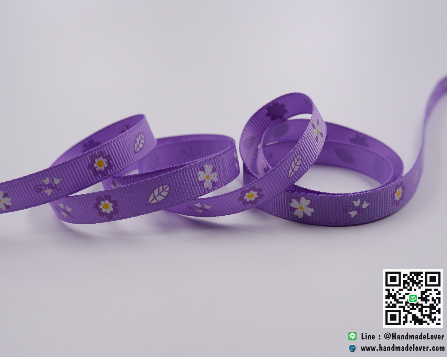 ริบบิ้นผ้า กรอสเกรน สีม่วง พิมพ์ลายดอกไม้
