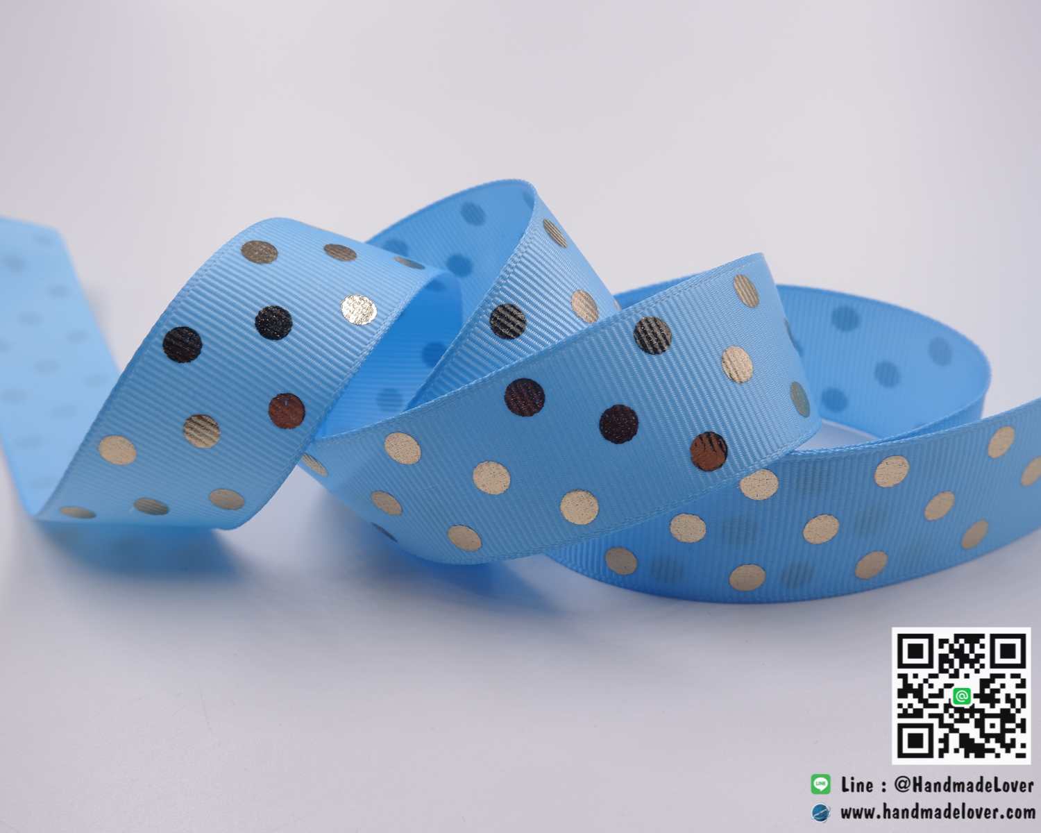 ริบบิ้นผ้า กรอสเกรน สีฟ้า พิมพ์ลายจุดสีทองสะท้อนแสง ขนาด 25 มิล