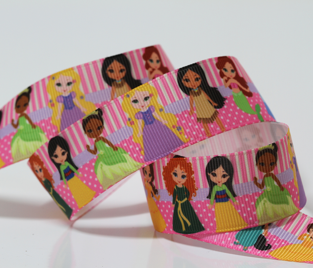 ริบบิ้นผ้า กรอสเกรน พิมพ์ลายเจ้าหญิง ขนาดกว้าง 25 mm.