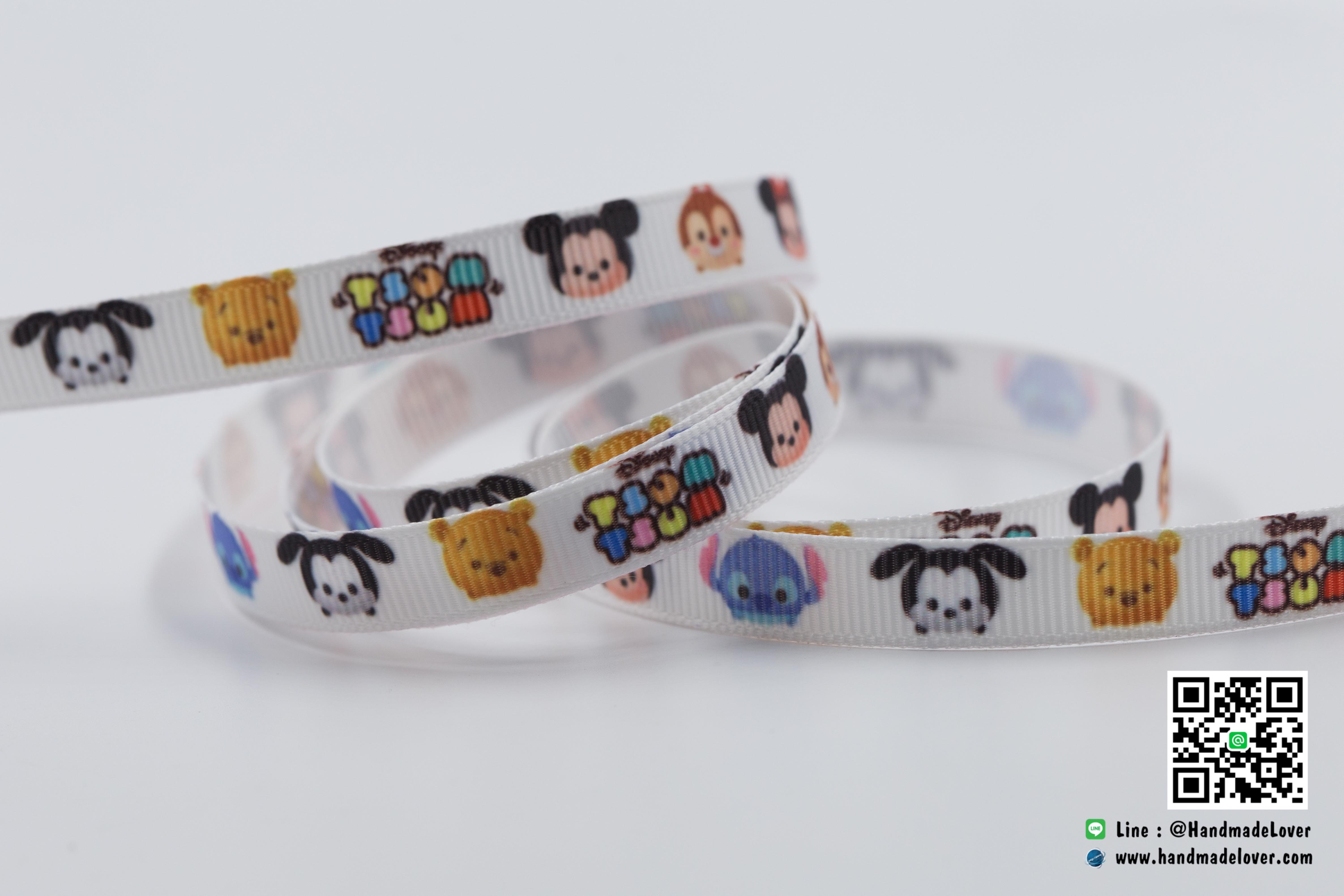 ริบบิ้นผ้ากรอสเกรน สีขาว พิมพิ์ลายลิขสิทธิ์ ขนาด 9 มิล