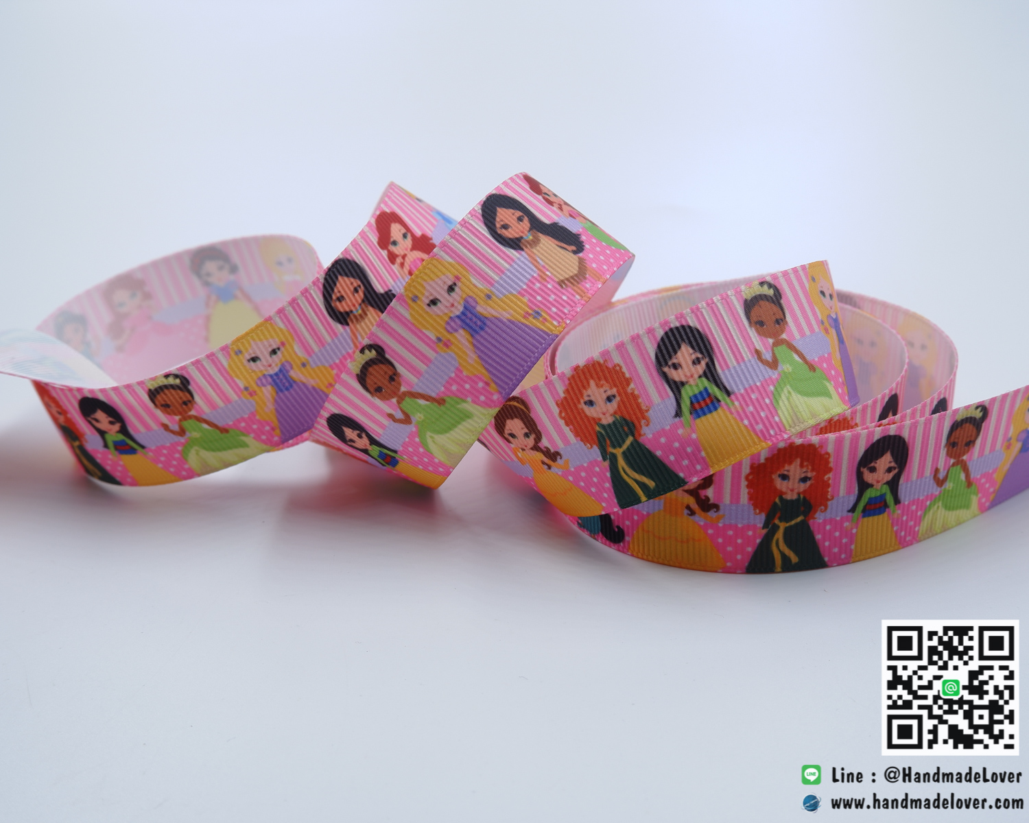 ริบบิ้นผ้า กรอสเกรน พิมพ์ลายเจ้าหญิง ขนาดกว้าง 25 mm.