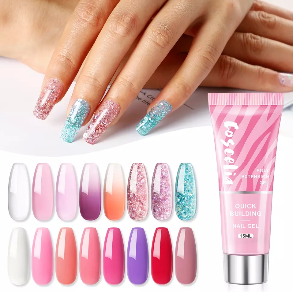 COSCELIA 💅🏻 Poly gel เจลต่อเล็บ 15ml. โพลี่เจลต่อเล็บ เนื้อใส ชมพู กากเพชร POLYGEL Acrylicgel ✨ เล็บเจล เปลี่ยนตามอุณหภูมิ