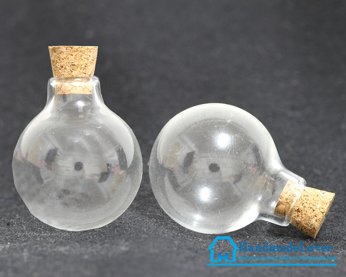 ขวดแก้วจิ๋ว ทรงกลม ขนาด 25 x 30 มม. (7 ml) (ฝาจุกไม้ก๊อก) [มีราคาส่ง]