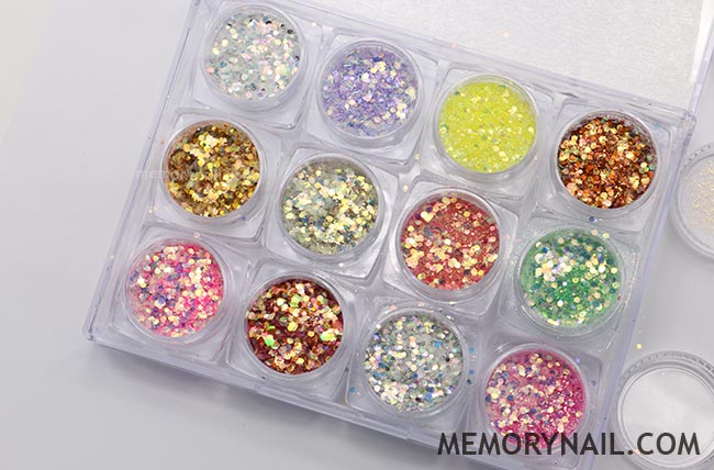 กากเพชร เงาเหลือบรุ้ง ทรงหกเหลี่ยมผสมเล็กใหญ่ 12 สี