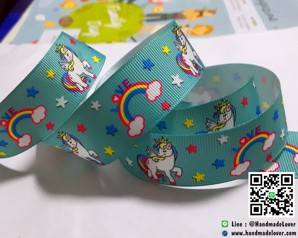 ริบบิ้นผ้ากรอสเกรน สีมิ้น พิมพิ์ลายการ์ตูน (มายลิตเติ้ลโพนี่) ขนาด 25 มิล ม้วนยาว 10 หลา