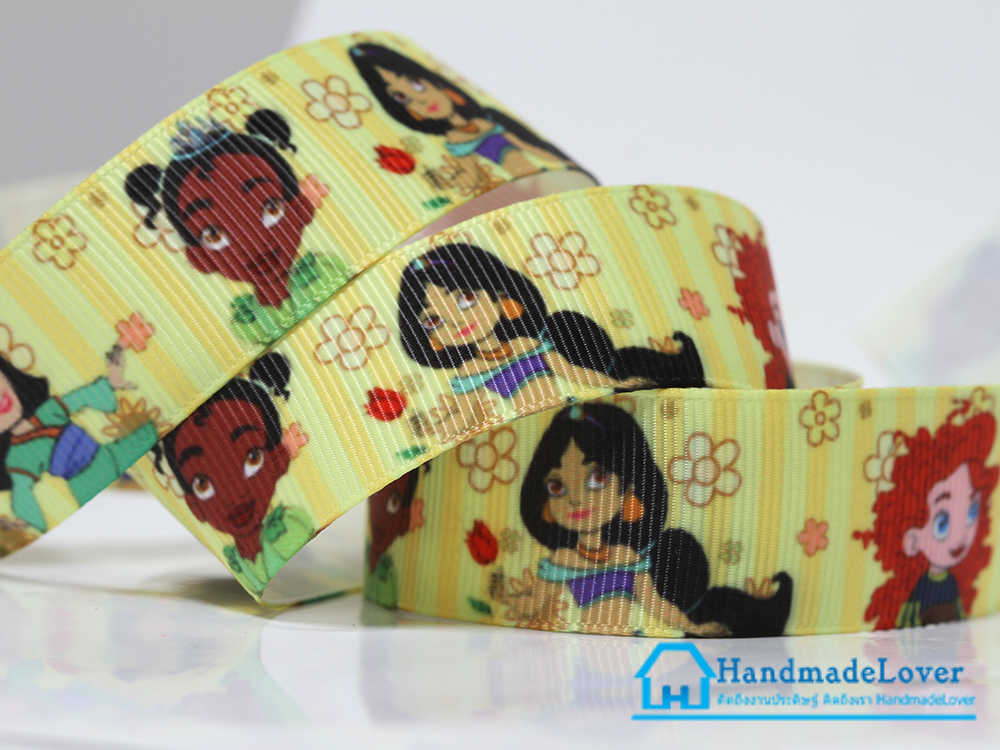 ริบบิ้นผ้า กรอสเกรน สีเหลืองอ่อน พิมพิ์ลายเจ้าหญิง