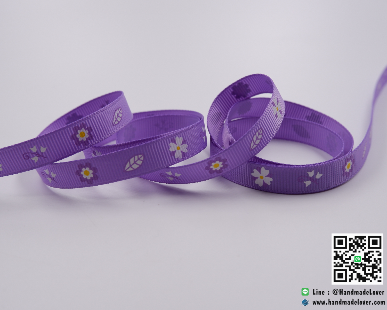 ริบบิ้นผ้า กรอสเกรน สีม่วง พิมพ์ลายดอกไม้