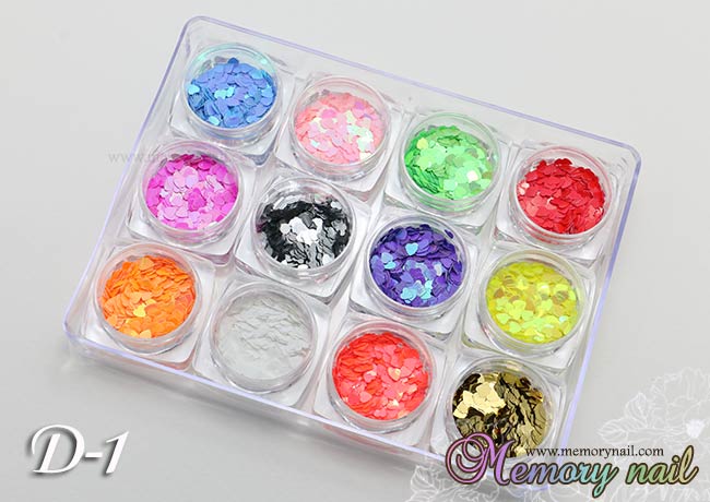 กากเพชรติดเล็บ รูปหัวใจ แบบบาง อย่างดี 12 สี รหัส D1