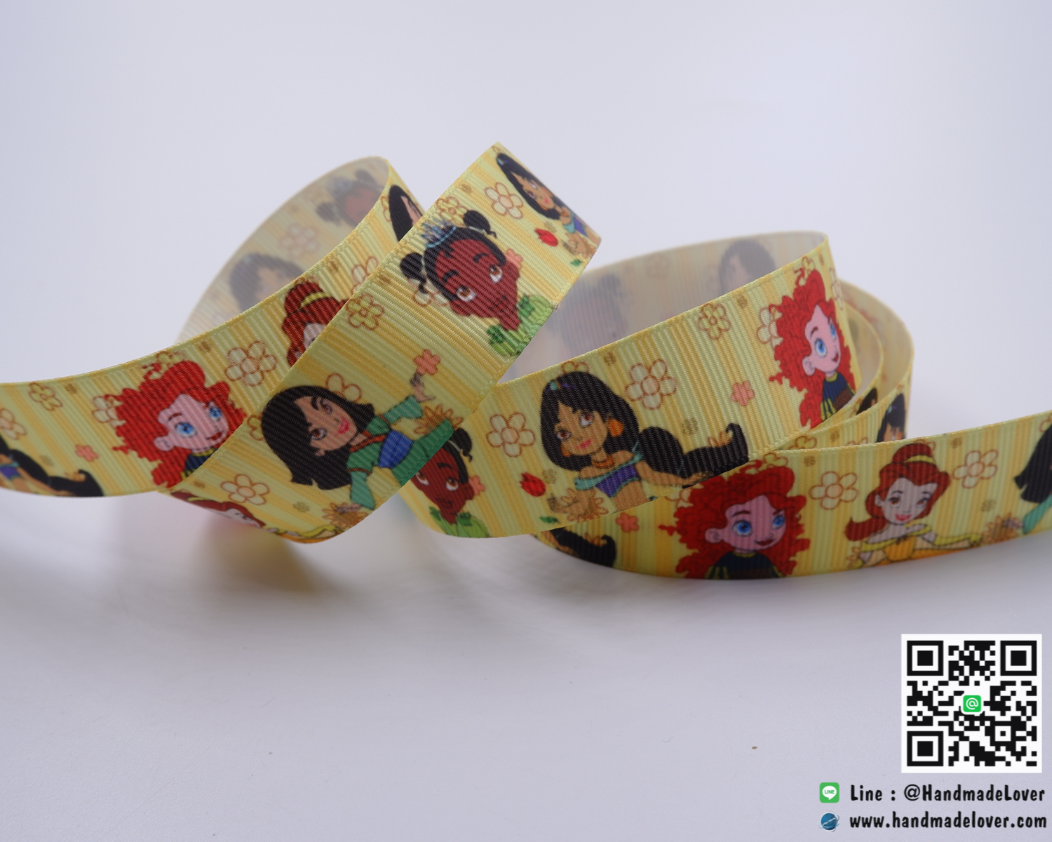 ริบบิ้นผ้า กรอสเกรน สีเหลืองอ่อน พิมพิ์ลายเจ้าหญิง