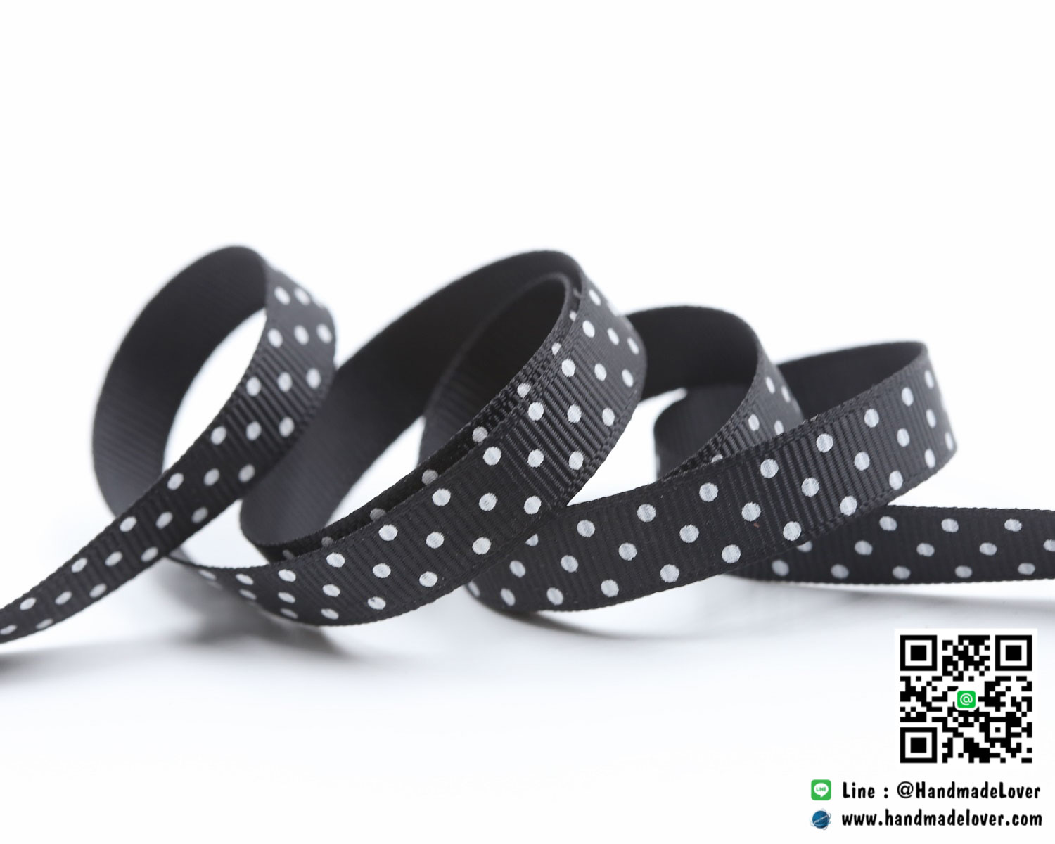 ริบบิ้นผ้า กรอสเกรน สีดำ พิมพ์ลายจุด