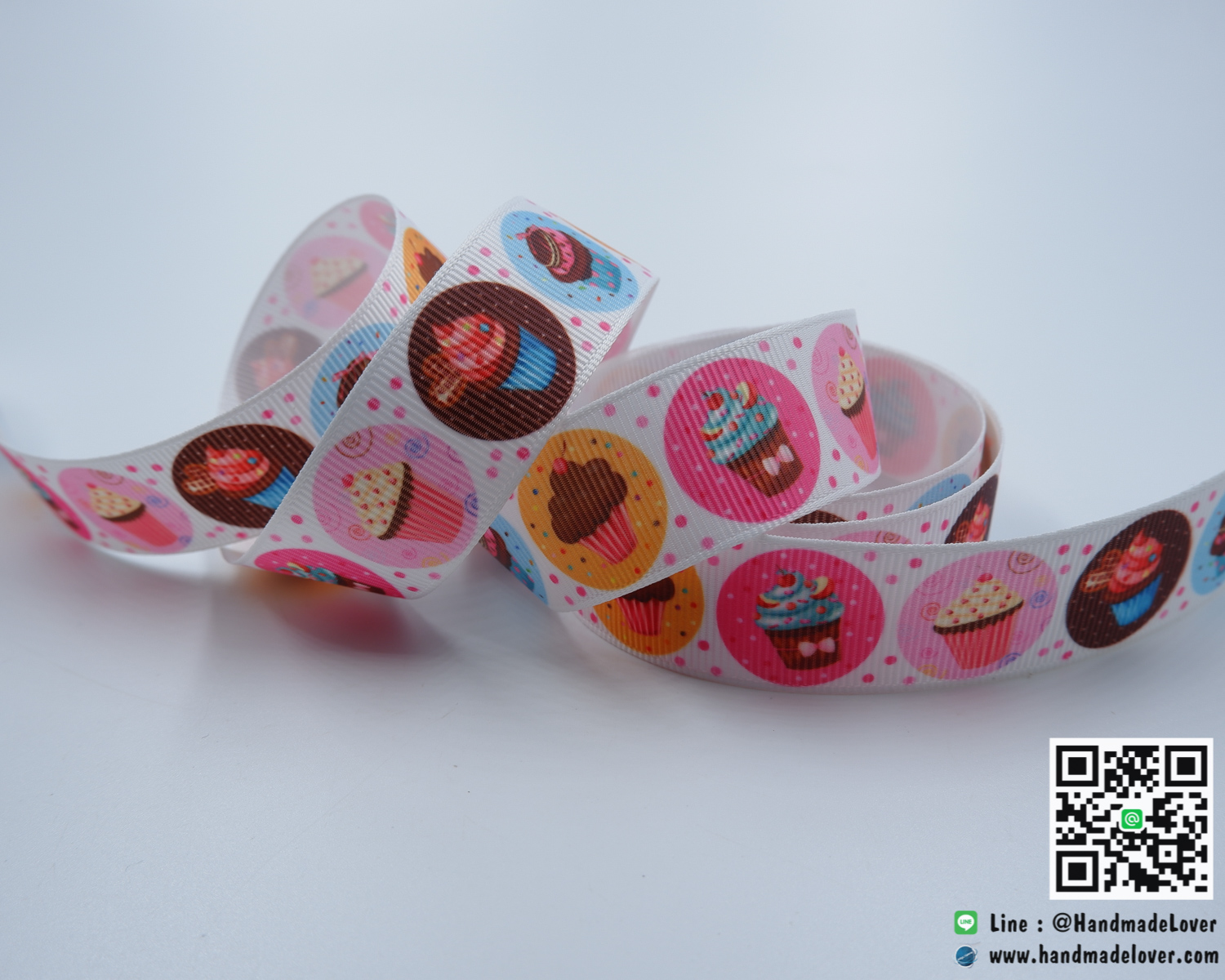 ริบบิ้นผ้า กรอสเกรน พิมพิ์ลาย Cup Cake ขนาด 22 mm.