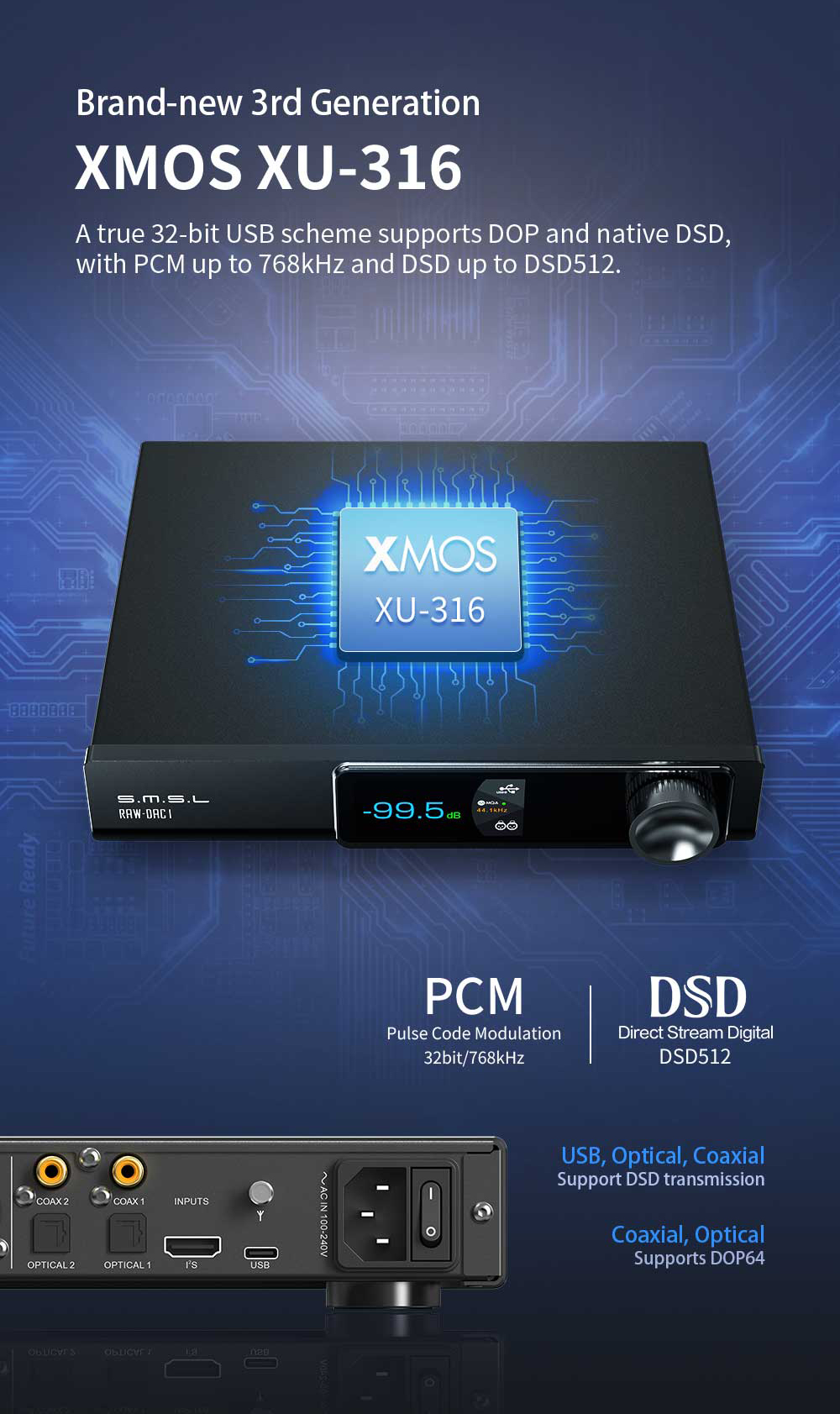 SMSL RAW-DAC1 ตัวถอดรหัสสัญญาณเสียง DAC ชิป AK4191+AK4499EX รองรับ MQA, LDAC ประกันศูนย์ไทย