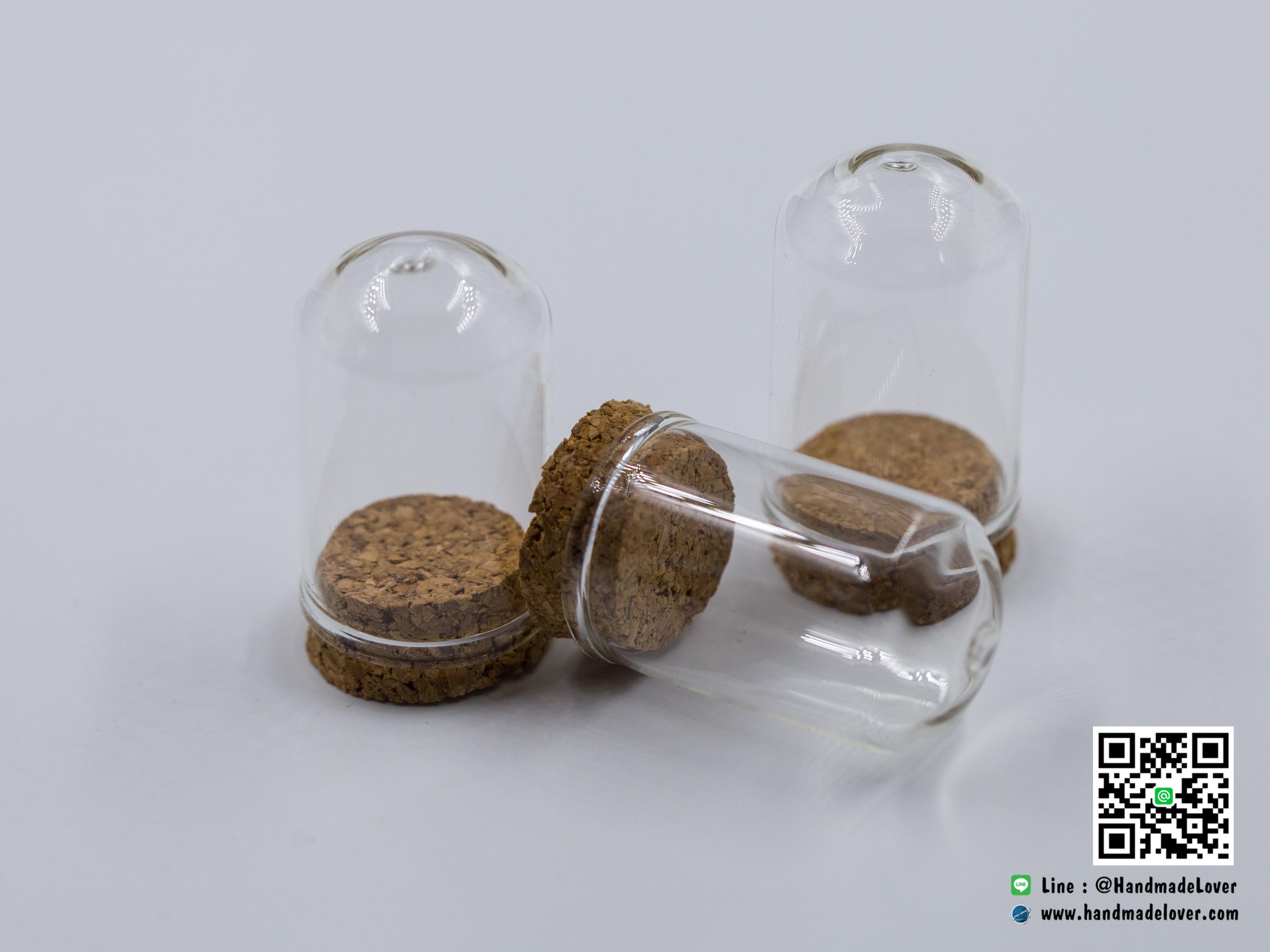 ขวดแก้วจิ๋ว ทรงกลม (ฝาจุกไม้ก๊อก) ขนาด 25x42 มม. [มีราคาส่ง]