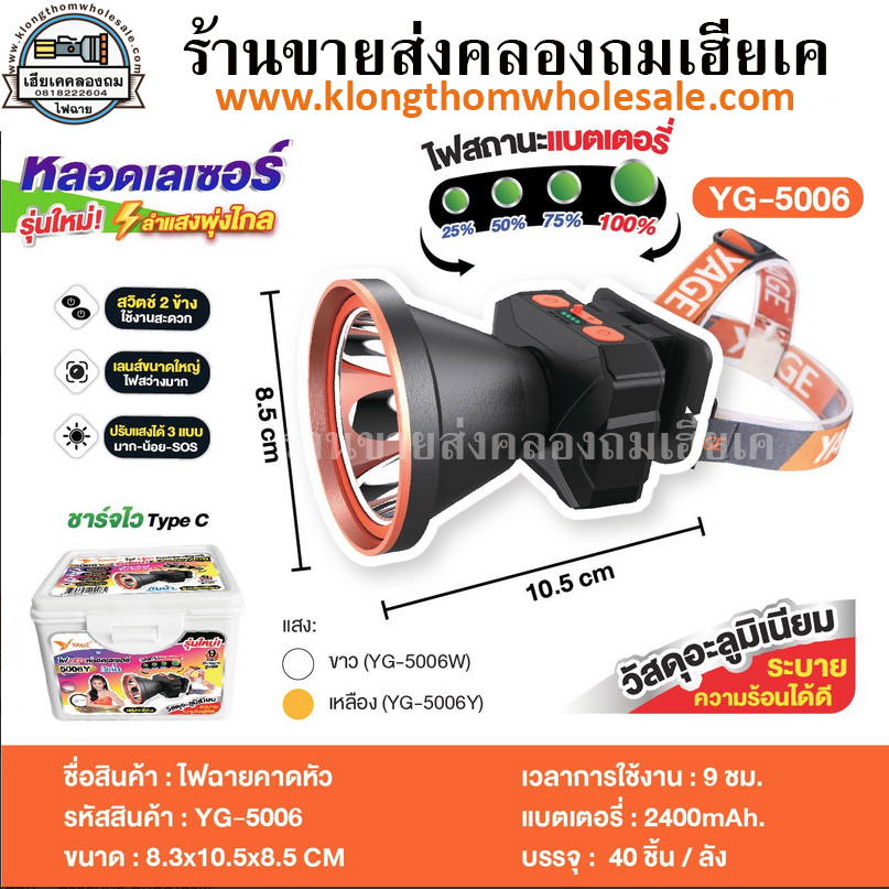 ไฟฉายคาดหัวรุ่นใหม่ วัสดุอะลูมิเนียม (แสงขาว / แสงเหลือง) YG-5006