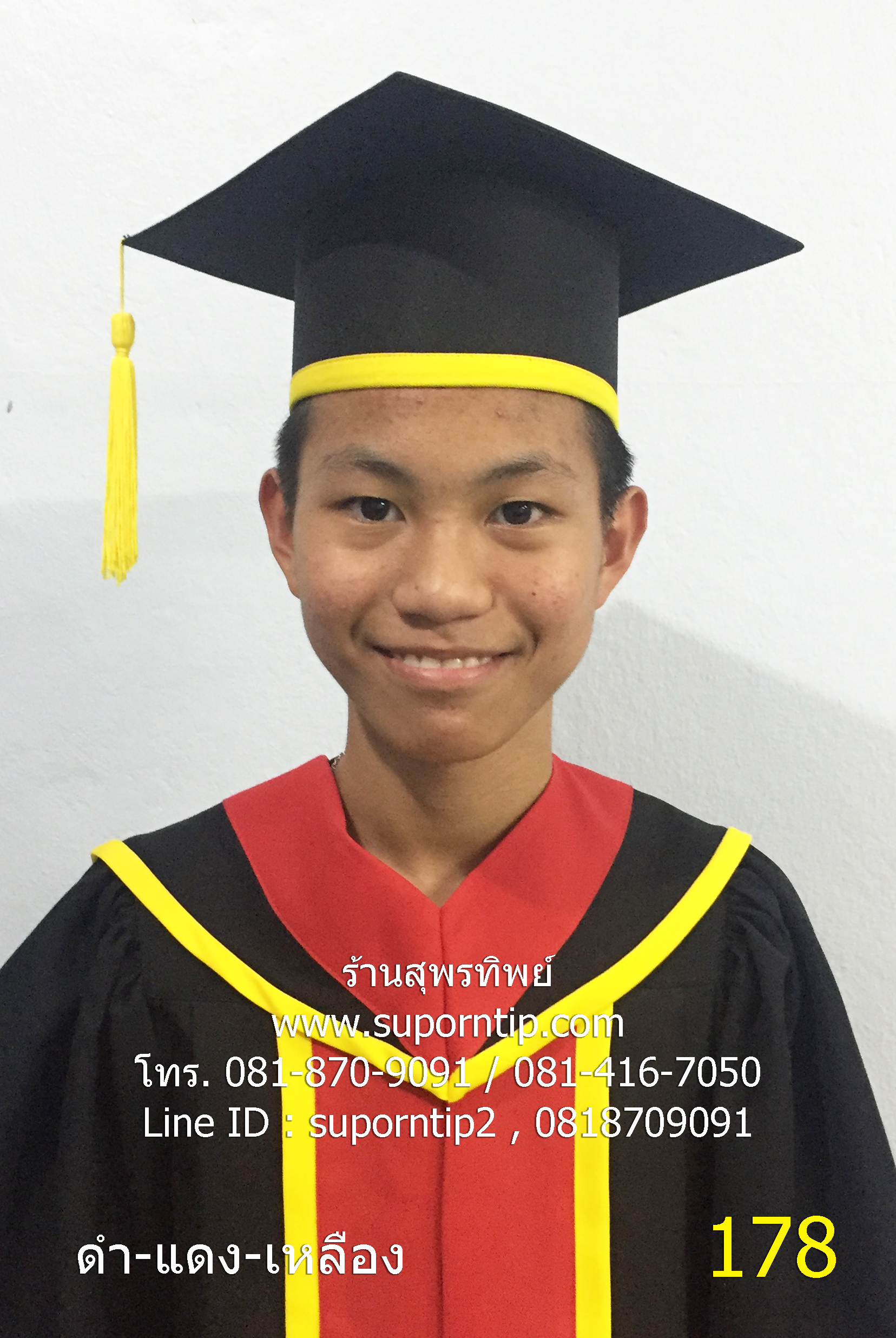178-CR ชุดบัณฑิตน้อย สีดำ-แดง-เหลือง , ชุดครุยเด็กโต,ชุดครุยเด็กเล็ก,ชุดครุยบัณฑิตน้อยพร้อมหมวก