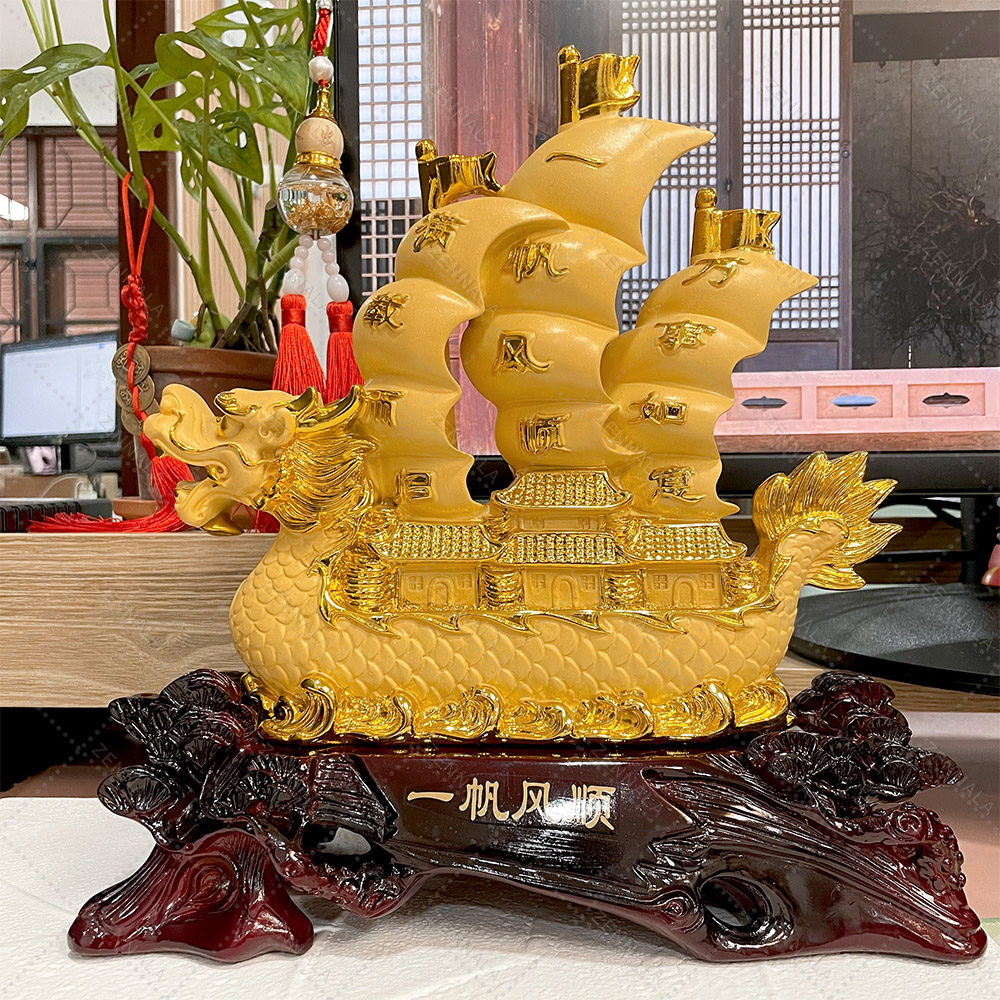 เรือมังกร เรซิ่น สีทอง สูง 12 นิ้ว