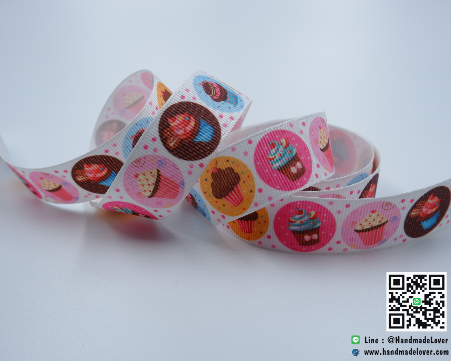 ริบบิ้นผ้า กรอสเกรน พิมพิ์ลาย Cup Cake ขนาด 22 mm.