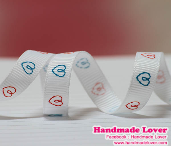 ริบบิ้นผ้า กรอสเกรน สีขาว ลายหัวใจ