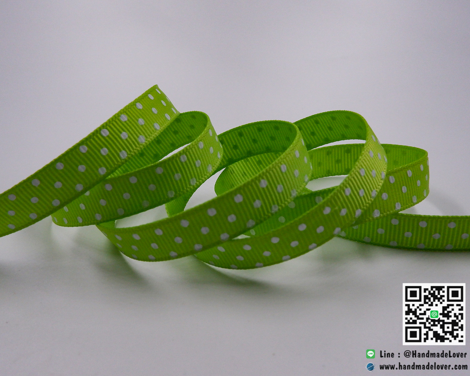 ริบบิ้นผ้า กรอสเกรน สีเขียวมะนาว พิมพ์ลายจุด
