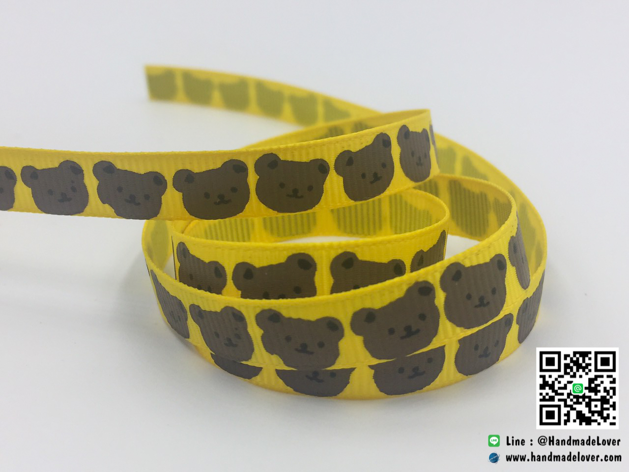 ริบบิ้นผ้า กรอสเกรน สีเหลือง พิมพิ์ลายหมี ขนาด 9 มิล