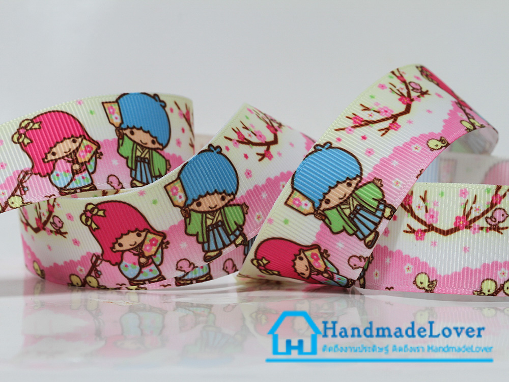 ริบบิ้นผ้า พิมพิ์ลายกิกิ ลาล่า / Kiki & Lala ขนาด 25 มิล