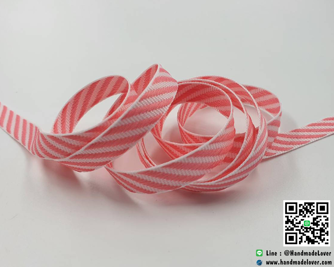 ริบบิ้นผ้า สีชมพู ลายเฉียง ขนาด 10 mm (ม้วน 36 หลา)