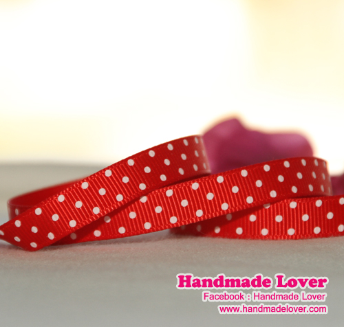 ริบบิ้นผ้า กรอสเกรน สีแดง พิมพ์ลายจุด