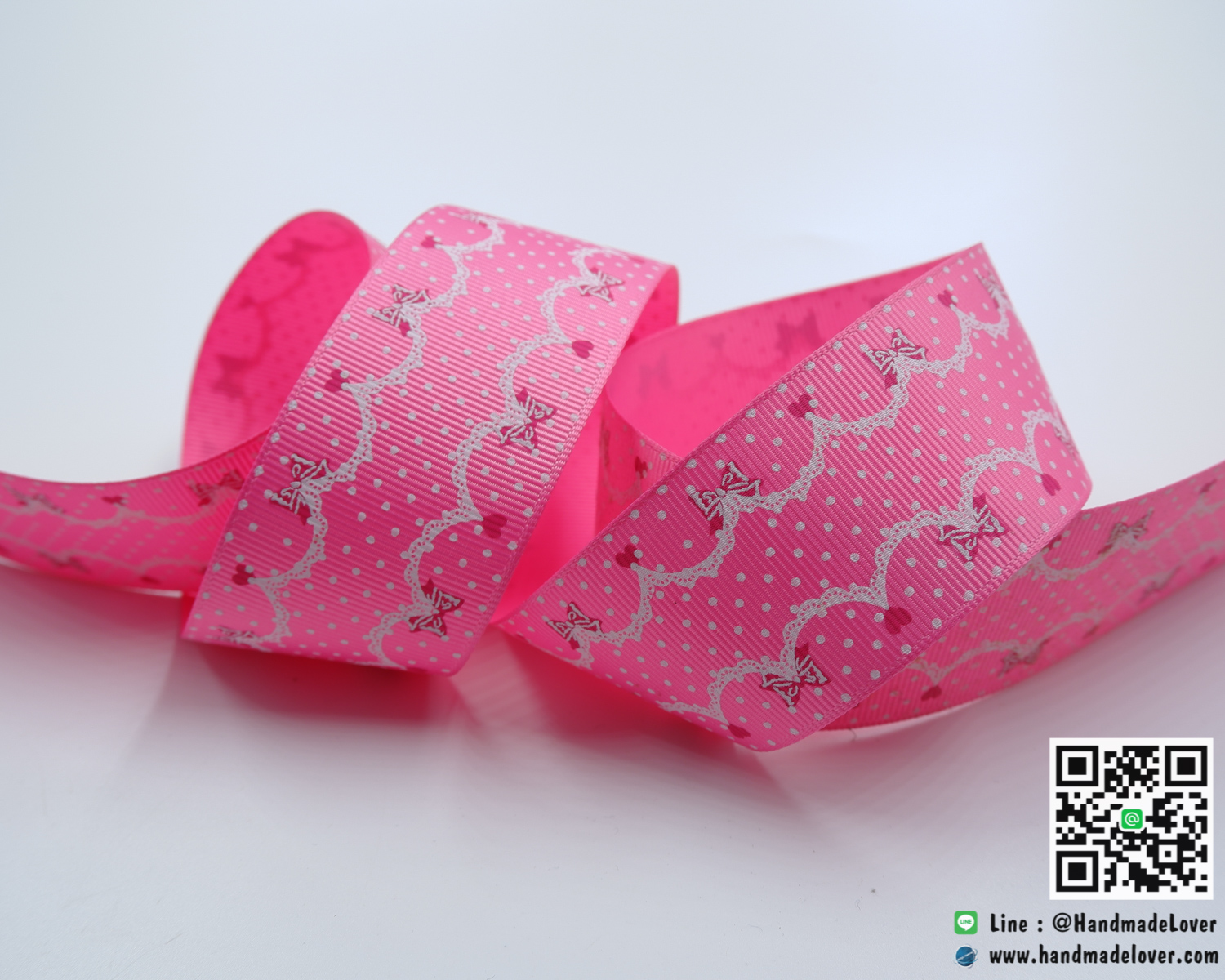 ริบบิ้นผ้า กรอสเกรน สีชมพู ลายจุด ขนาด 38 mm
