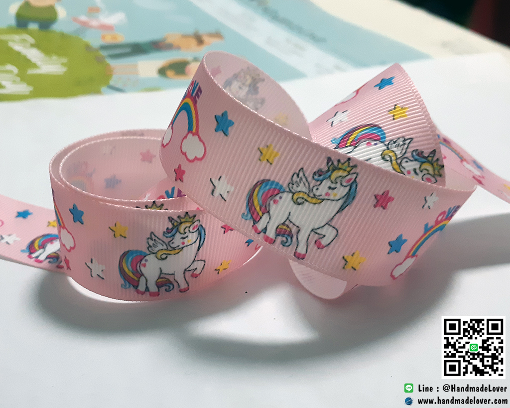 ริบบิ้นผ้ากรอสเกรน สีชมพู พิมพิ์ลายการ์ตูน (มายลิตเติ้ลโพนี่) ขนาด 25 มิล ม้วนยาว 10 หลา