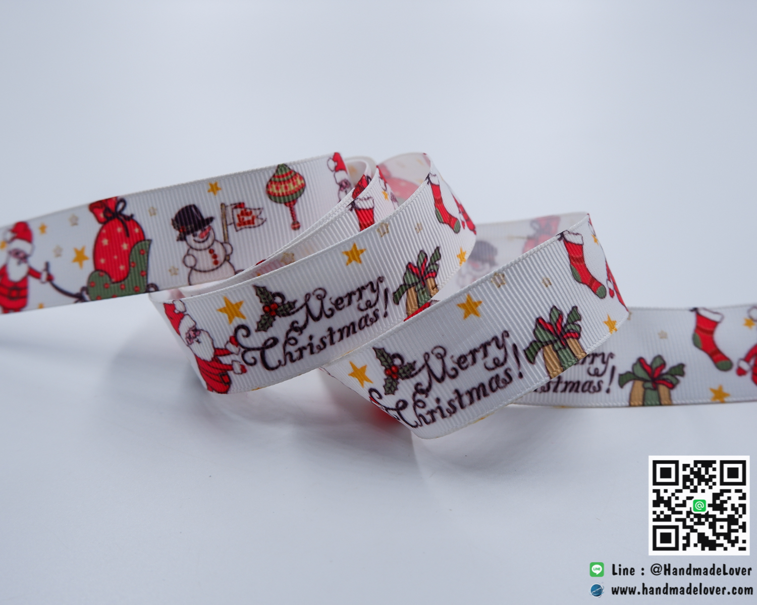ริบบิ้นผ้า กรอสเกรน พิมพิ์ลายซานตาคลอส คริตส์มาส ขนาด 22 มิล