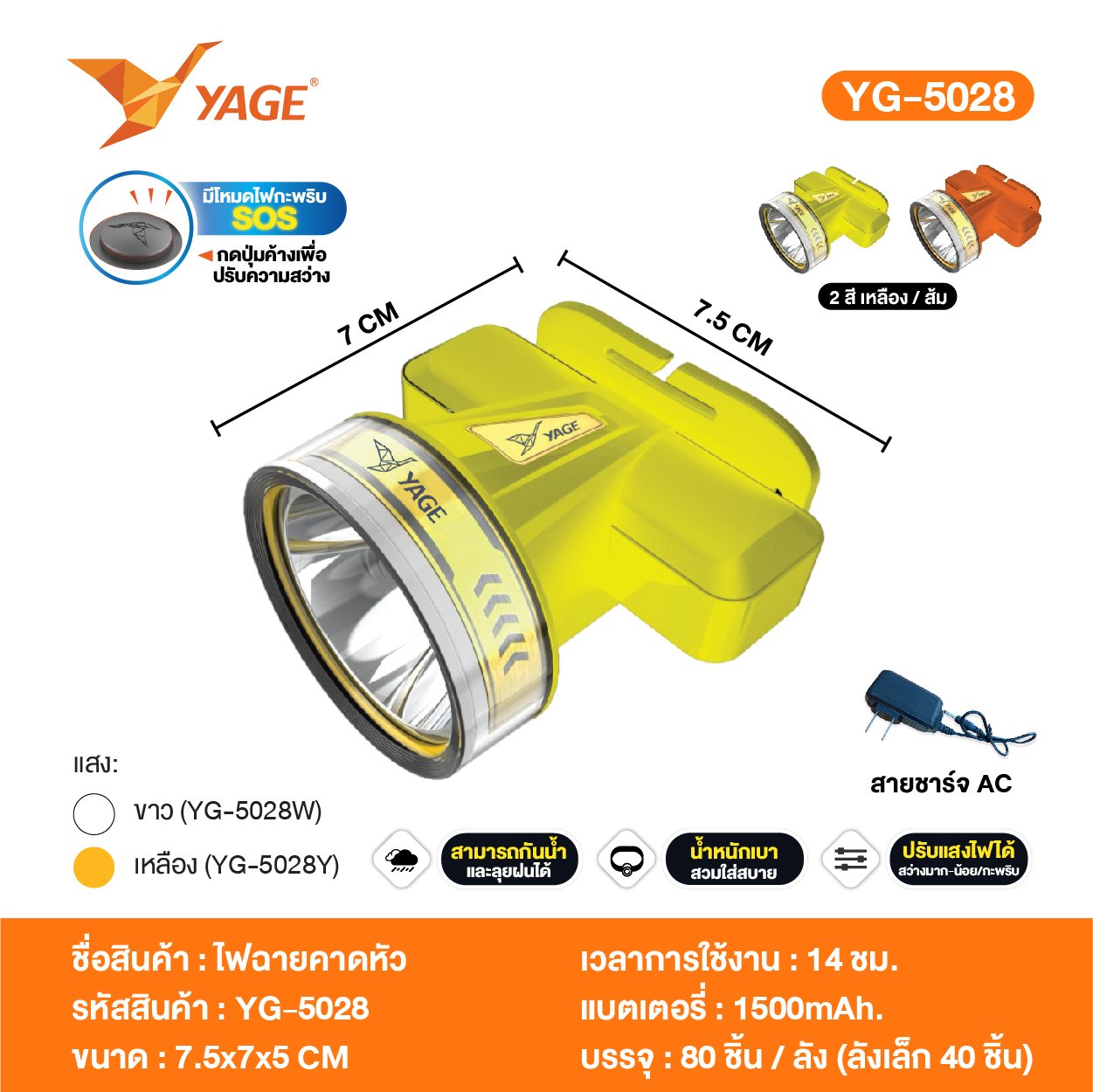 ไฟฉายคาดหัว YG-5028 (แสงขาว / แสงเหลือง)
