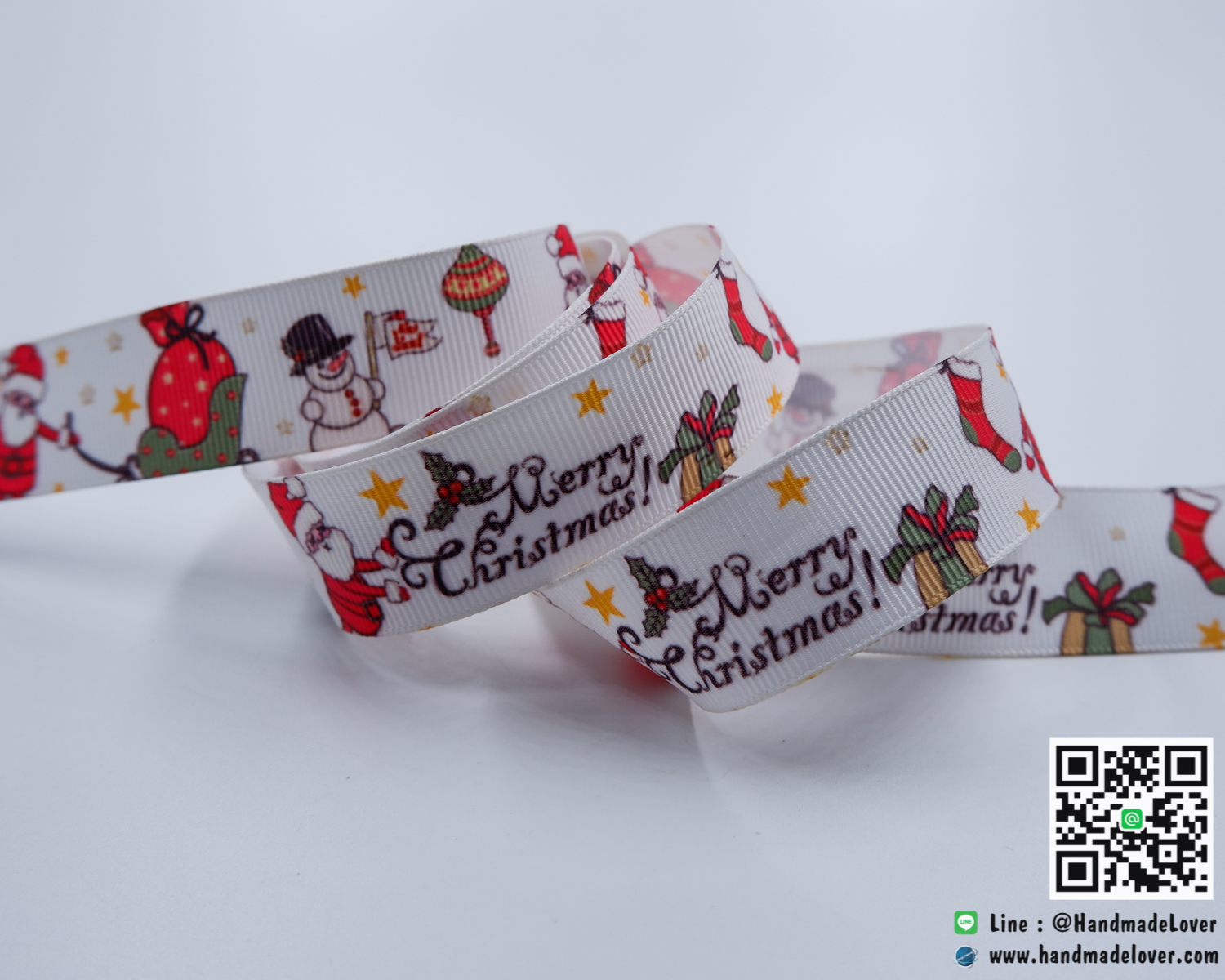 ริบบิ้นผ้า กรอสเกรน พิมพิ์ลายซานตาคลอส คริตส์มาส ขนาด 22 มิล