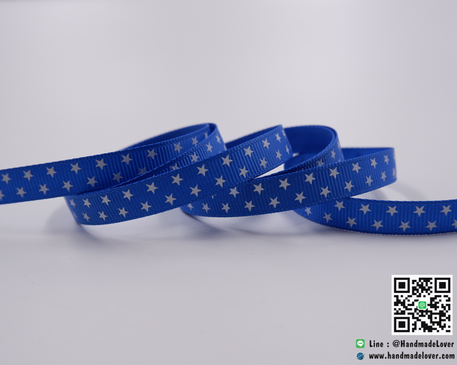 ริบบิ้นผ้ากรอสเกรน สีน้ำเงิน พิมพ์ลายดาว