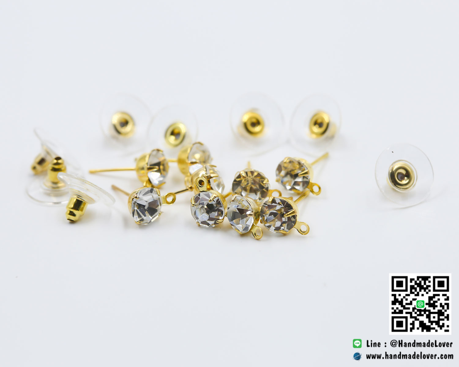 ก้านต่างหู เบอร์ 6 ประดับเพชร พร้อมแป้นพลาสติกปิด (คู่)