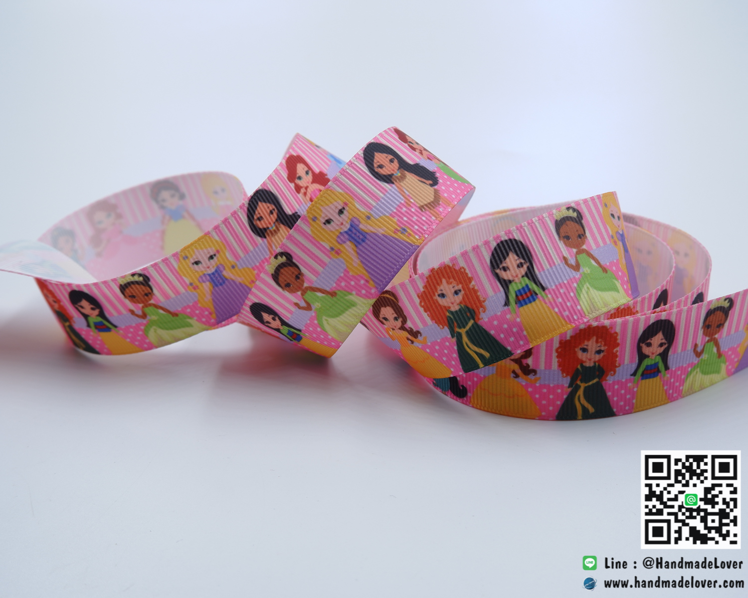 ริบบิ้นผ้า กรอสเกรน พิมพ์ลายเจ้าหญิง ขนาดกว้าง 25 mm.