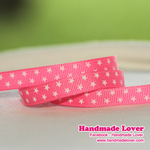 ริบบิ้นผ้า กรอสเกรน สีชมพู พิมพ์ลายดาว