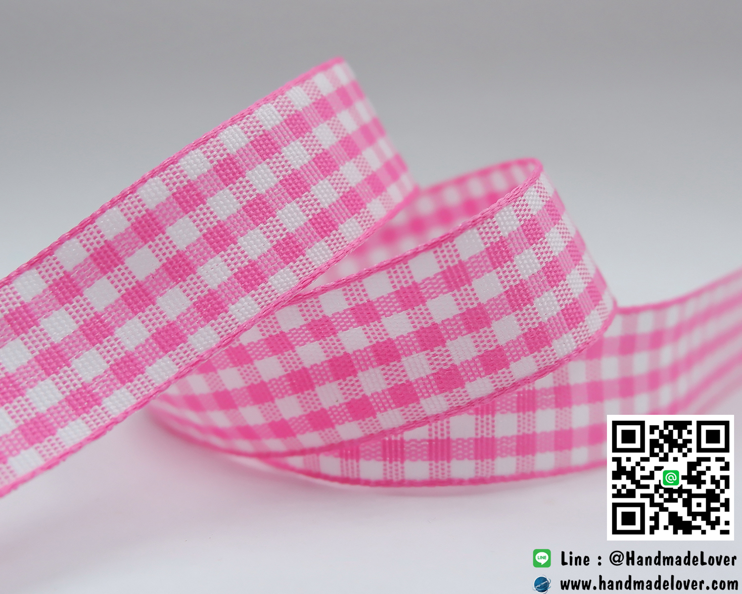 ริบบิ้นผ้า ลายสก็อต สีชมพู [ยาว 50 หลา]