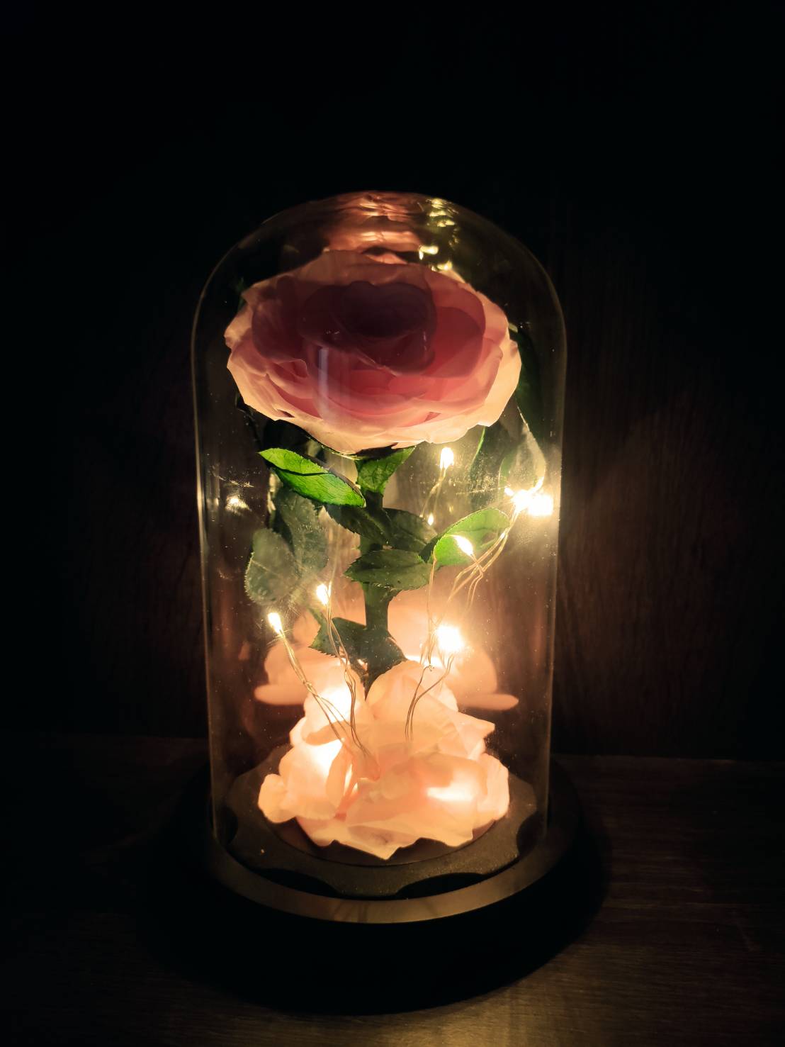 กุหลาบสดในโหลแก้ว มี 2 สีให้เลือก 【มีไฟที่ฐาน】พร้อมกล่องสุด Premium