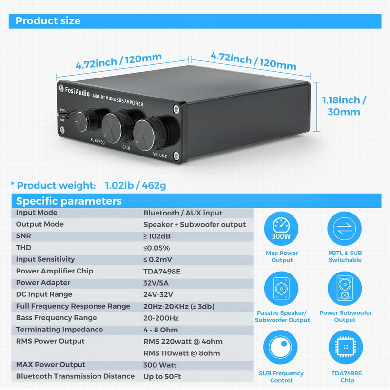 Fosi Audio M01-BT Bluetooth Amplifier ClassD ชิป TDA7498E ประกันศูนย์ไทย